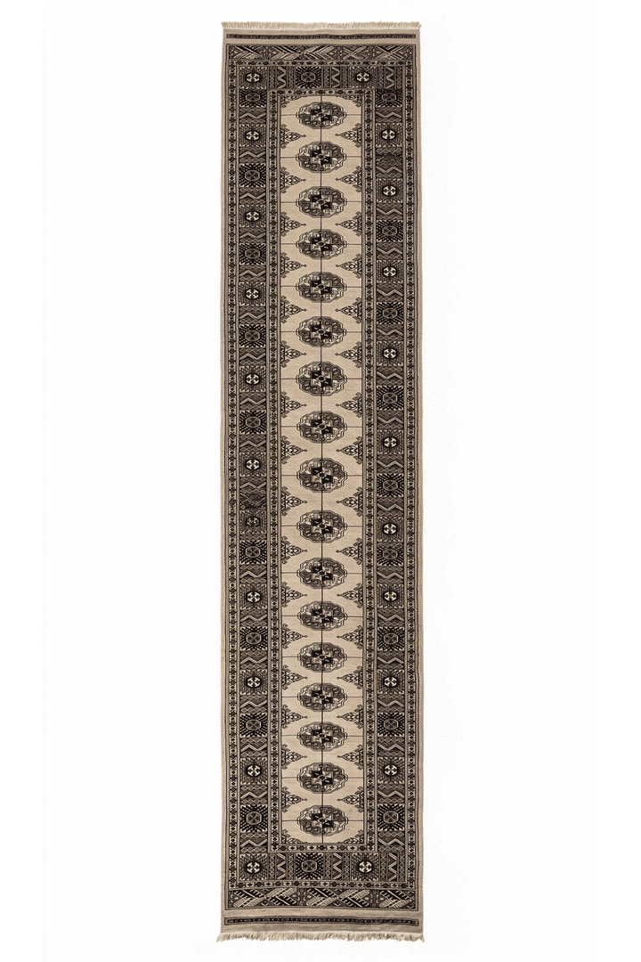 Camel and navy Turkmen gül Bokhara runner, 79×422cm, long hallway size