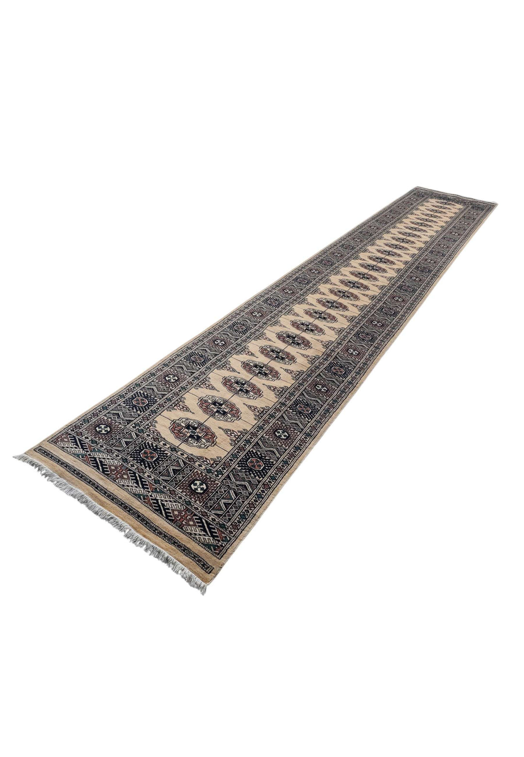 Hand-knotted wool pile of camel navy Bokhara runner, 79×422cm