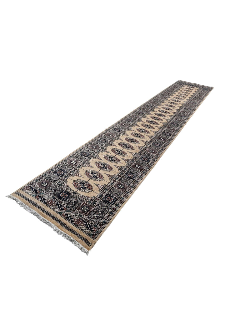 Hand-knotted wool pile of camel navy Bokhara runner, 79×422cm