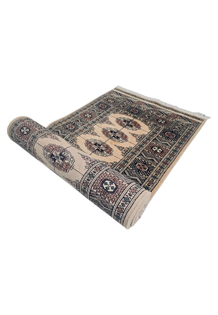Camel and navy Turkmen gül runner for a long hallway, 79×422cm