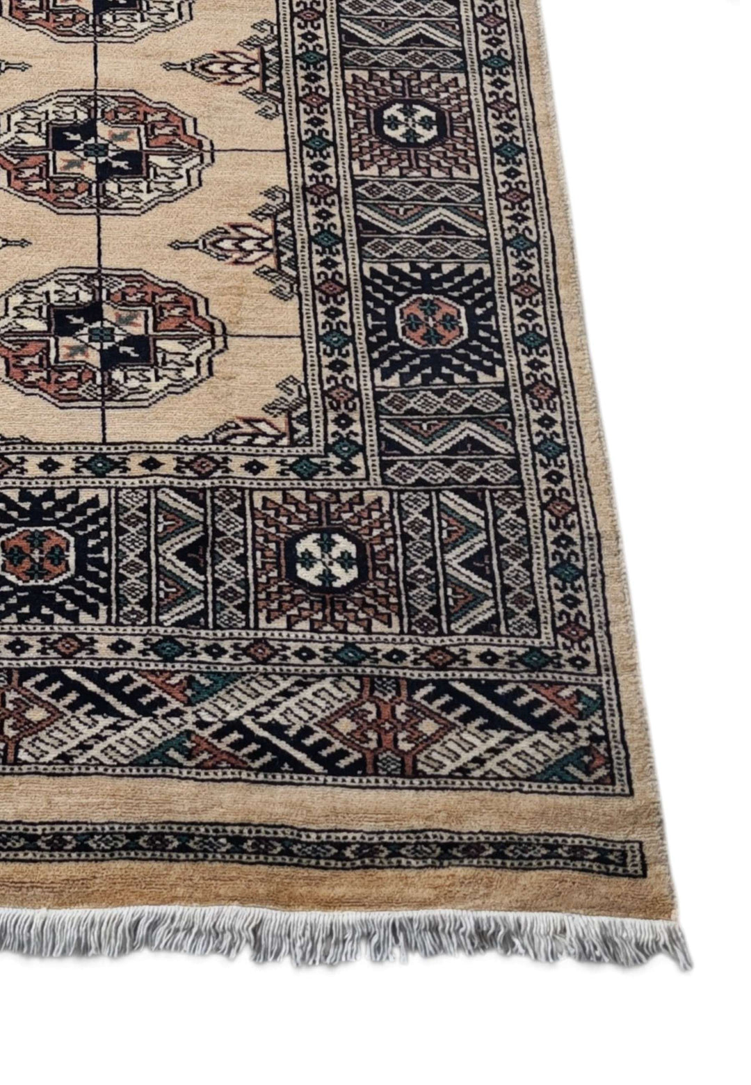 Long camel and navy hand-knotted Bokhara wool runner, 422cm