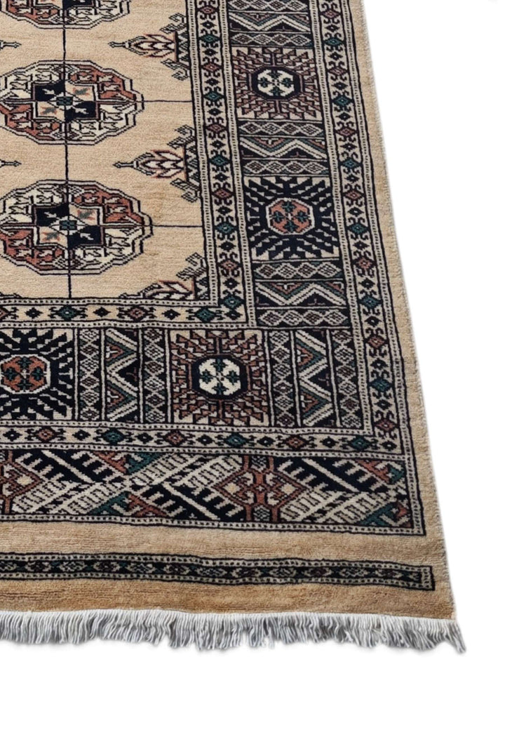 Long camel and navy hand-knotted Bokhara wool runner, 422cm