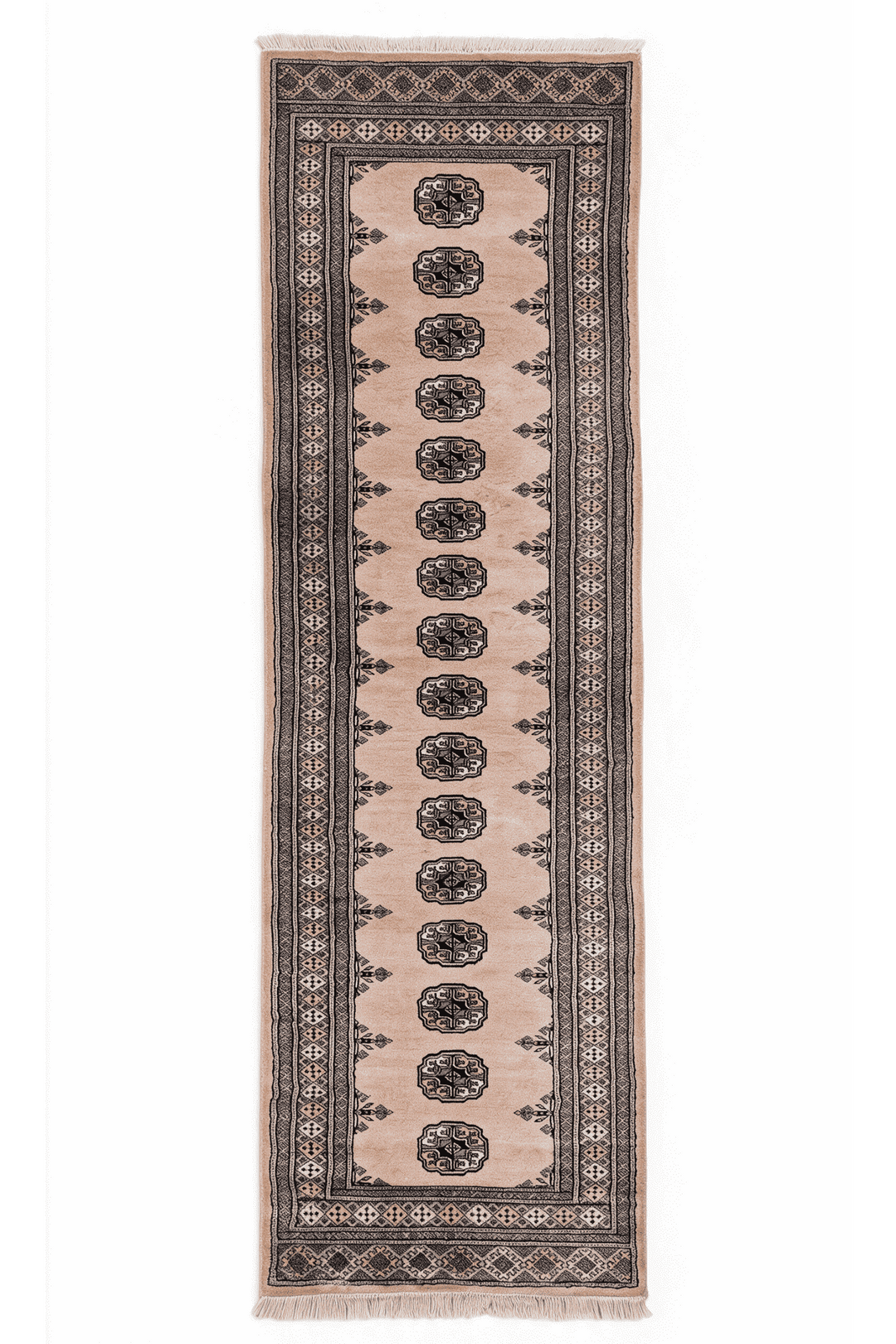 Salmon and espresso single column gül Bokhara runner, 79×299cm, hand-knotted
