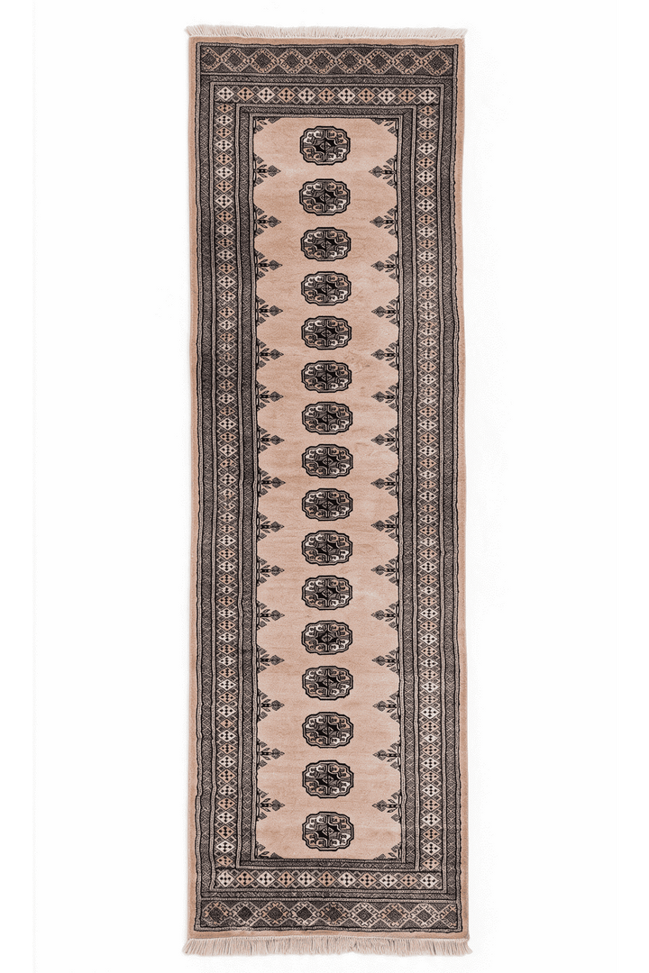 Salmon and espresso single column gül Bokhara runner, 79×299cm, hand-knotted