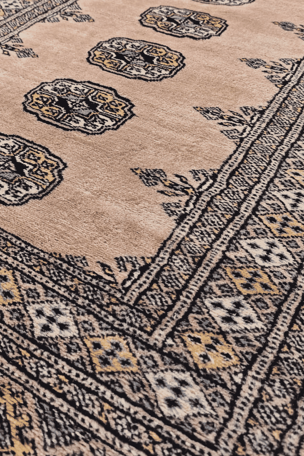 Single column of Turkmen güls in salmon and espresso on Bokhara runner