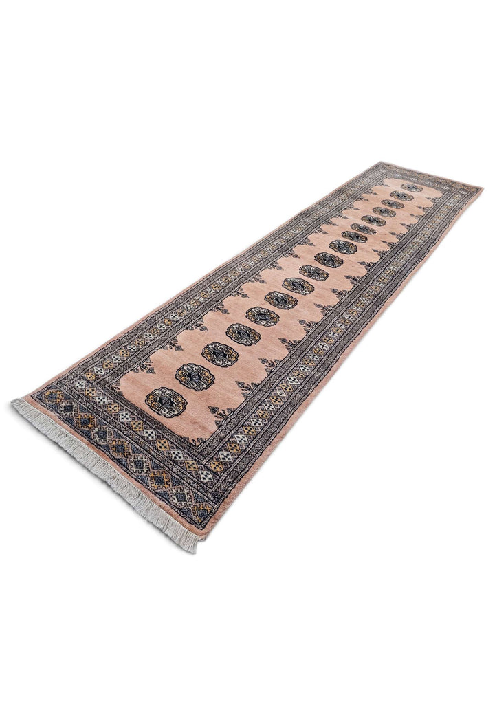 Hand-knotted wool pile of salmon espresso Bokhara runner, 79×299cm