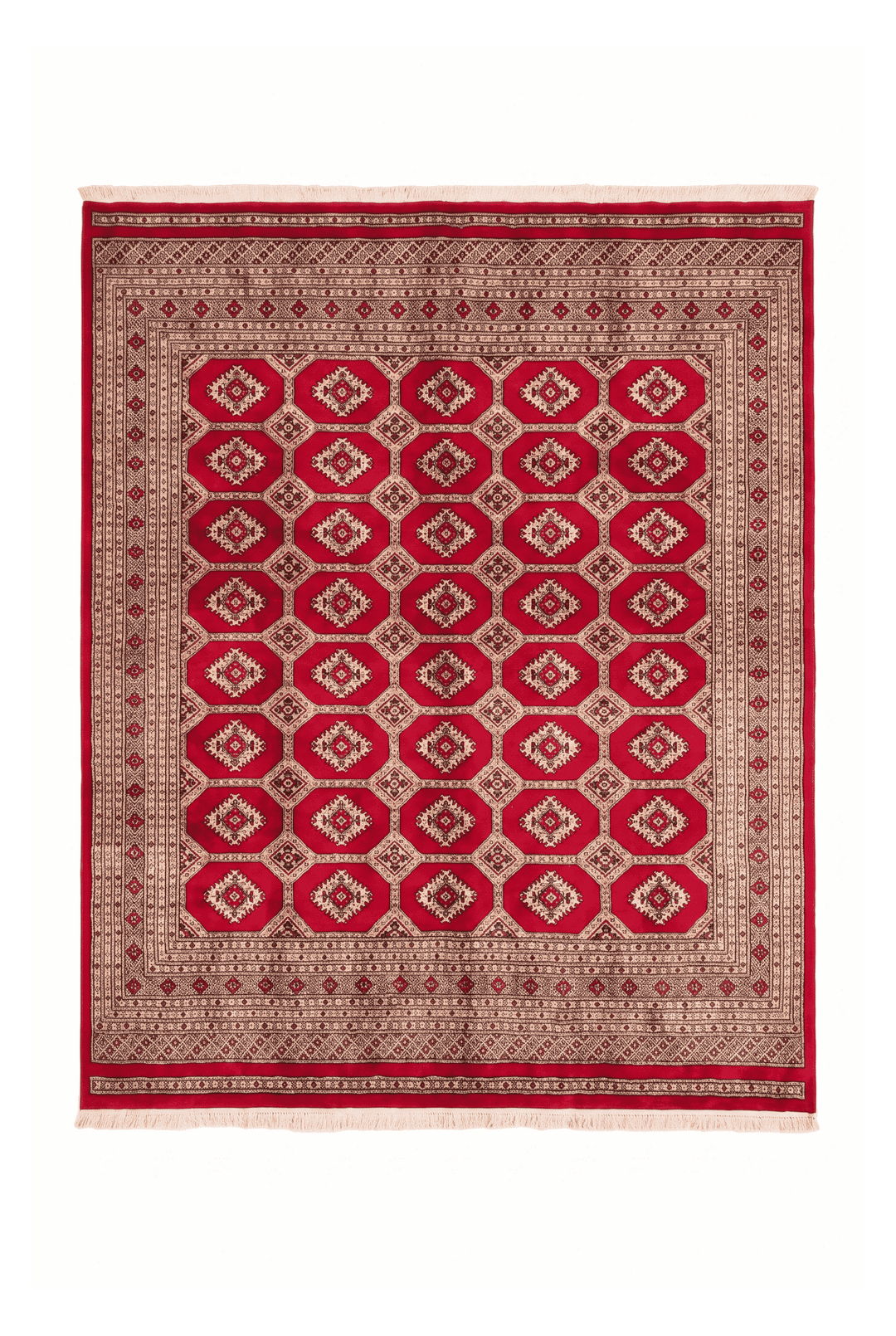 Cherry red and cream Turkmen gül Bokhara square rug, 253×259cm, 4.5 tatami