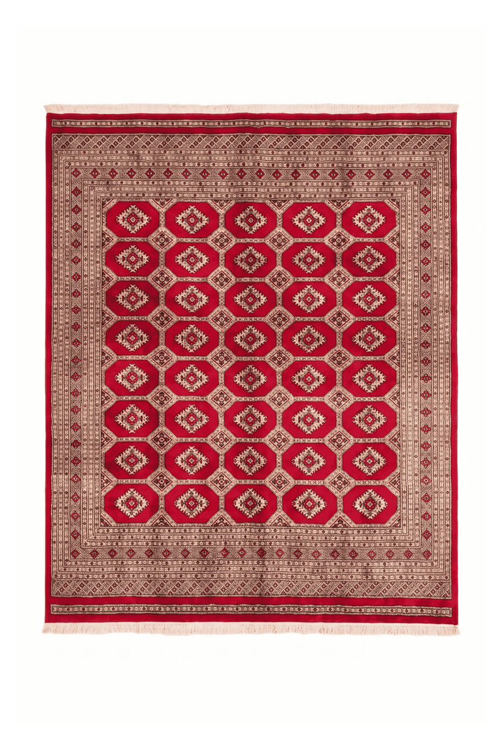 Cherry red and cream Turkmen gül Bokhara square rug, 253×259cm, 4.5 tatami
