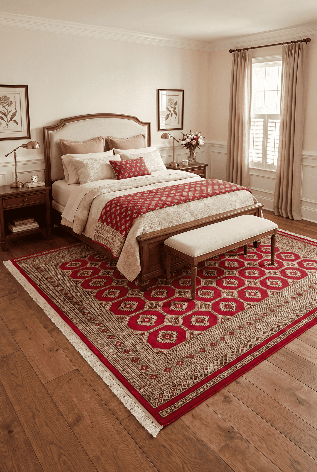Turkmen gül motifs in cherry red and cream on square Bokhara rug