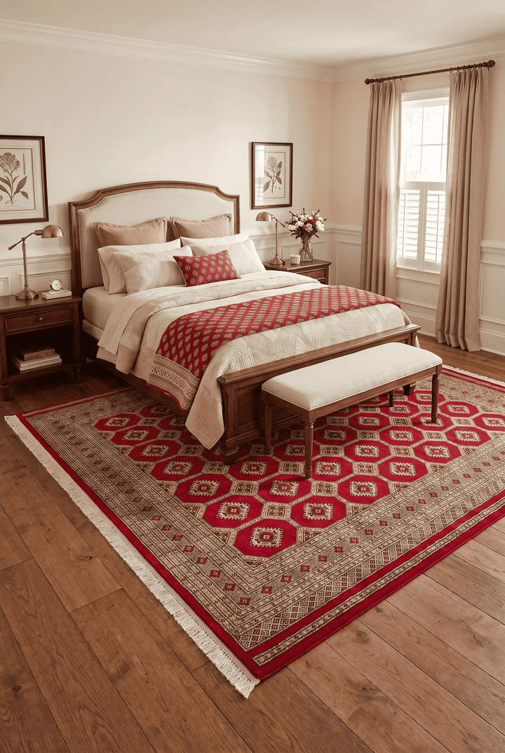 Turkmen gül motifs in cherry red and cream on square Bokhara rug