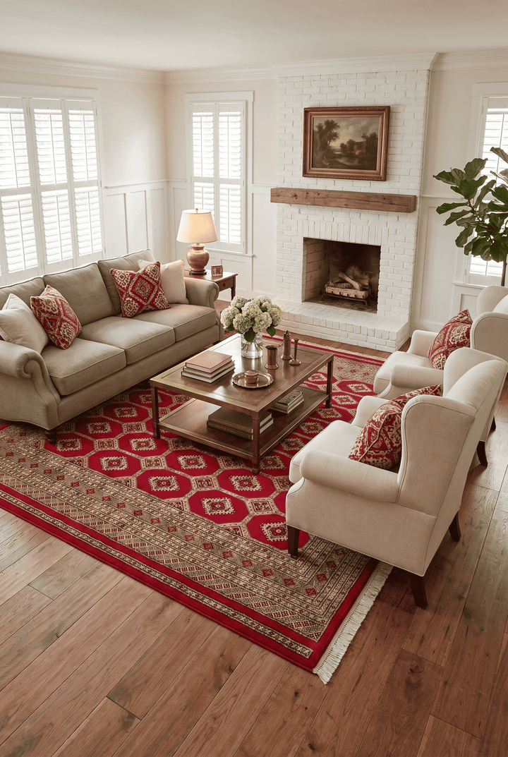 Border detail of cherry red and cream hand-knotted square Bokhara rug