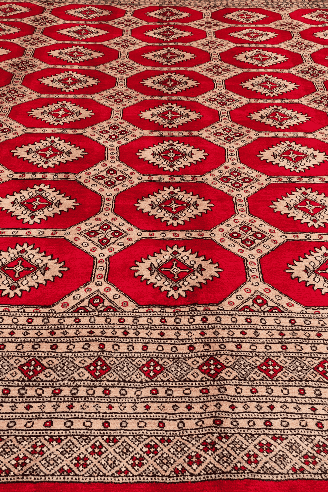 Hand-knotted wool pile of cherry red square Bokhara rug, 253×259cm