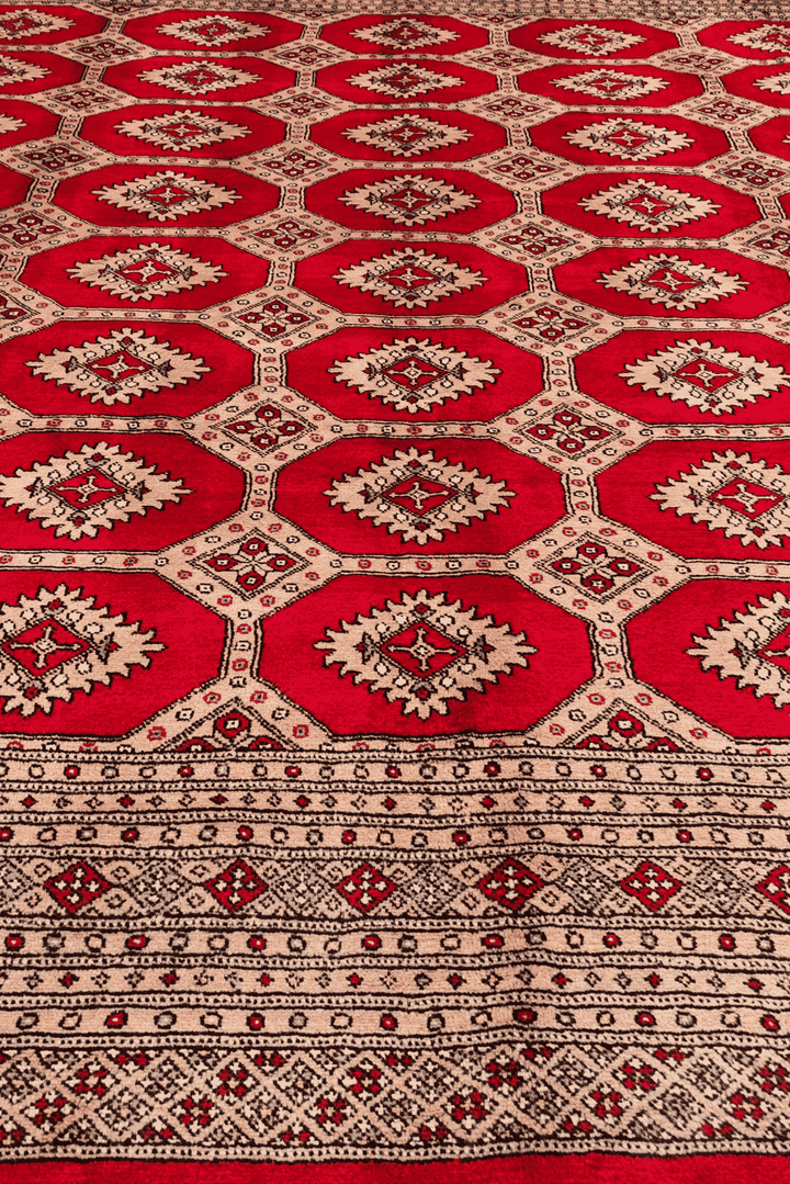 Hand-knotted wool pile of cherry red square Bokhara rug, 253×259cm