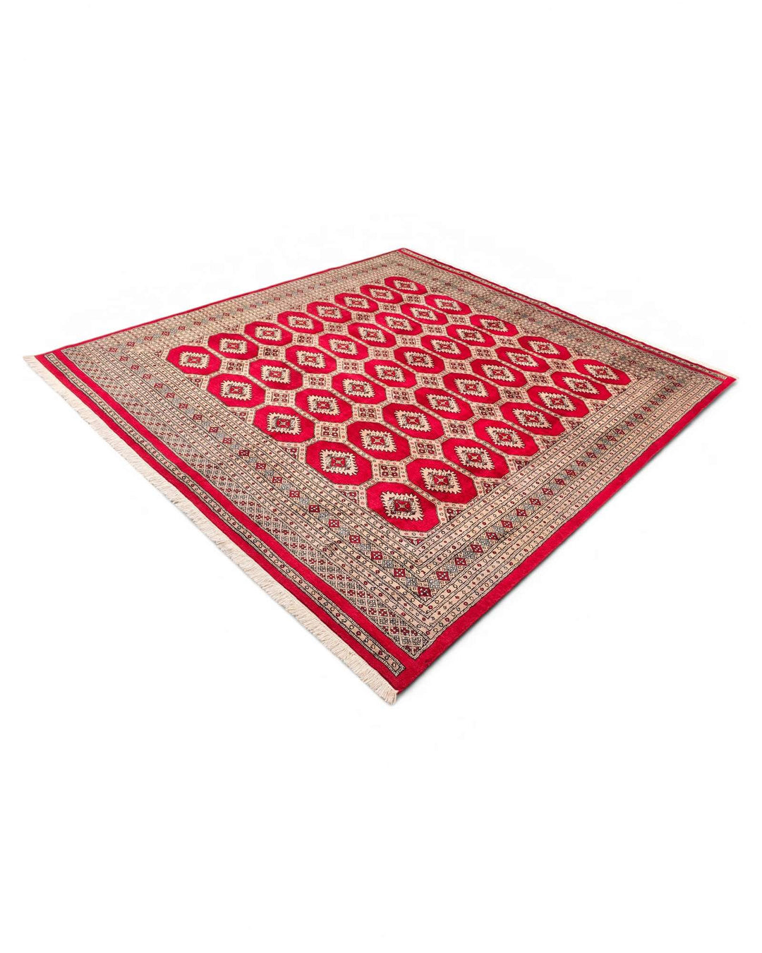 One-of-a-kind cherry red and cream Pakistani Bokhara square rug