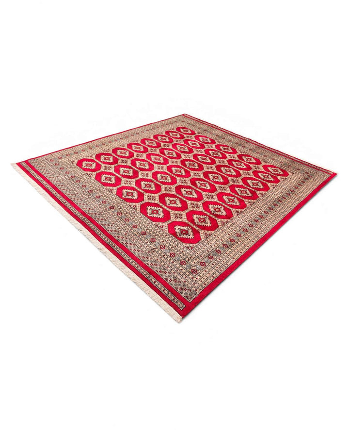 One-of-a-kind cherry red and cream Pakistani Bokhara square rug