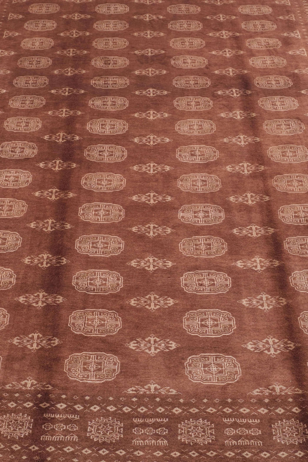 Hand-knotted wool pile of chestnut brown Bokhara rug, 204×300cm