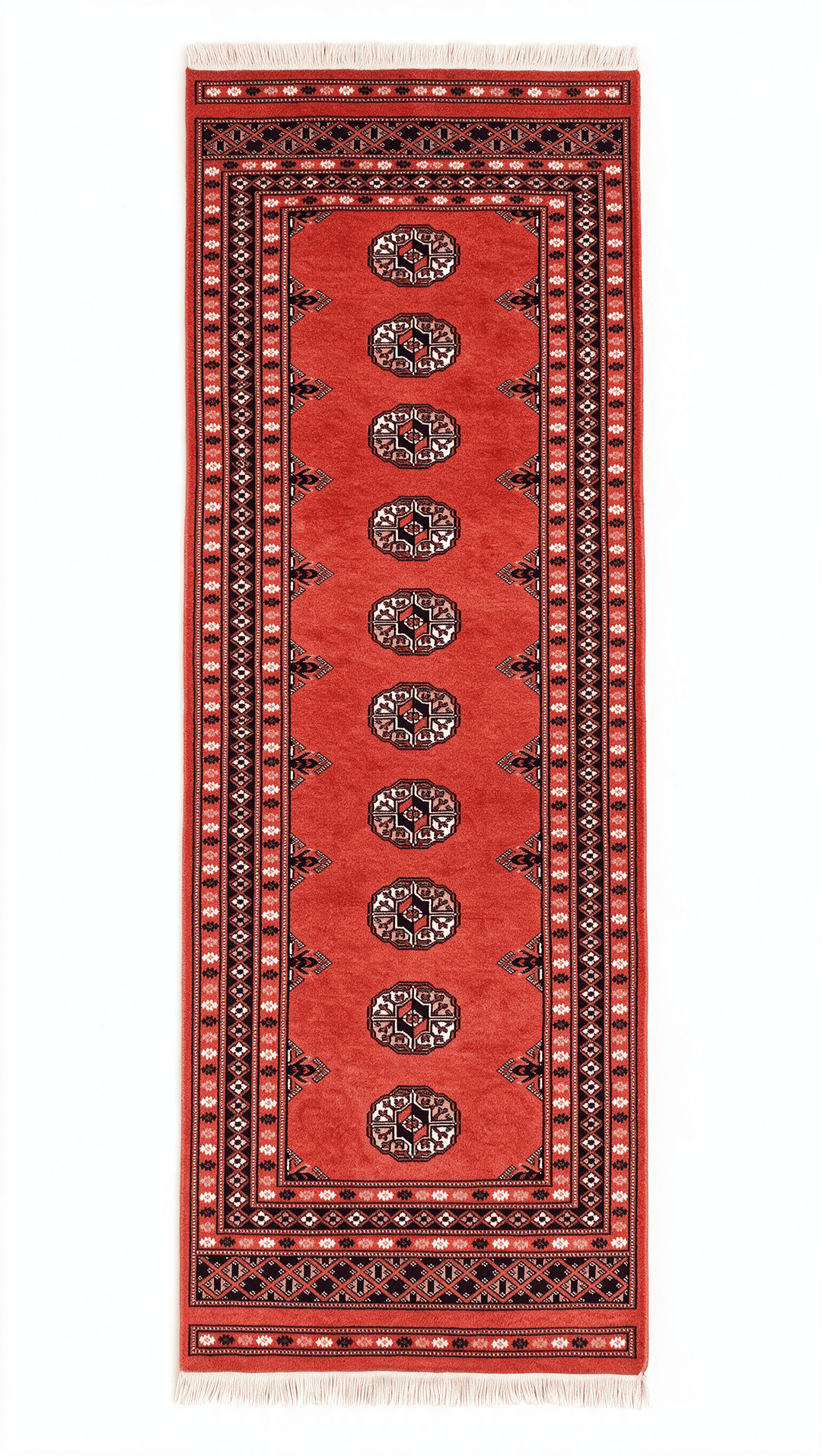 Coral red and indigo Turkmen gül Bokhara rug, 70×146cm, entrance mat size
