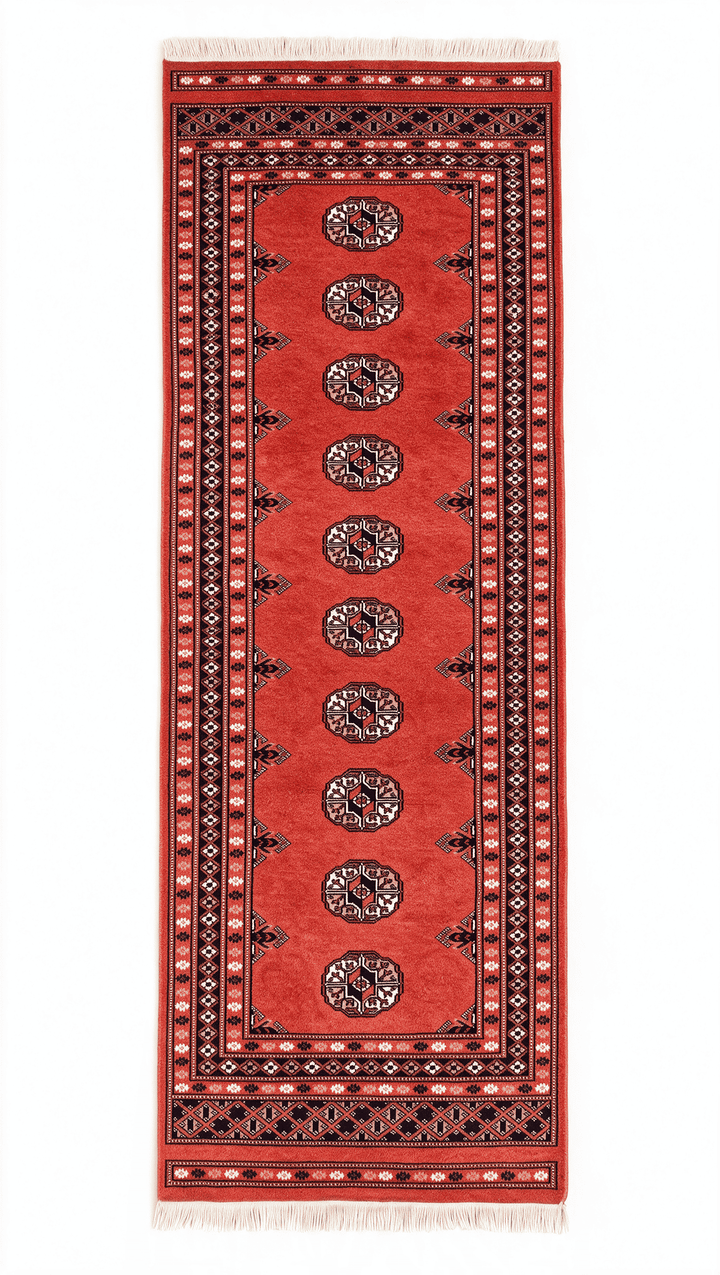 Coral red and indigo Turkmen gül Bokhara rug, 70×146cm, entrance mat size