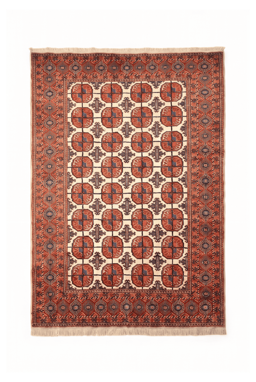 Gold and red Bokhara gül Afghan Sherwan rug, 114×154cm, accent size