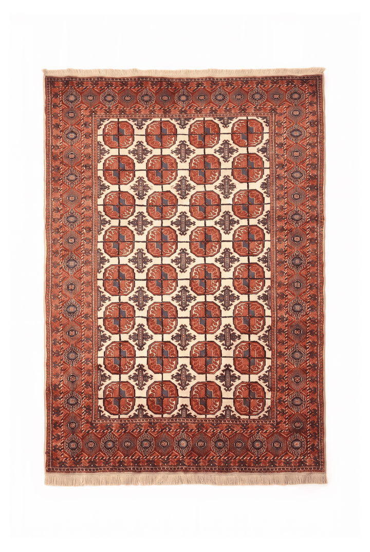 Gold and red Bokhara gül Afghan Sherwan rug, 114×154cm, accent size