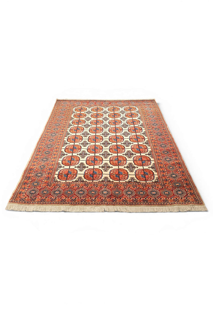 Hand-knotted wool pile of gold red Bokhara rug, 114×154cm