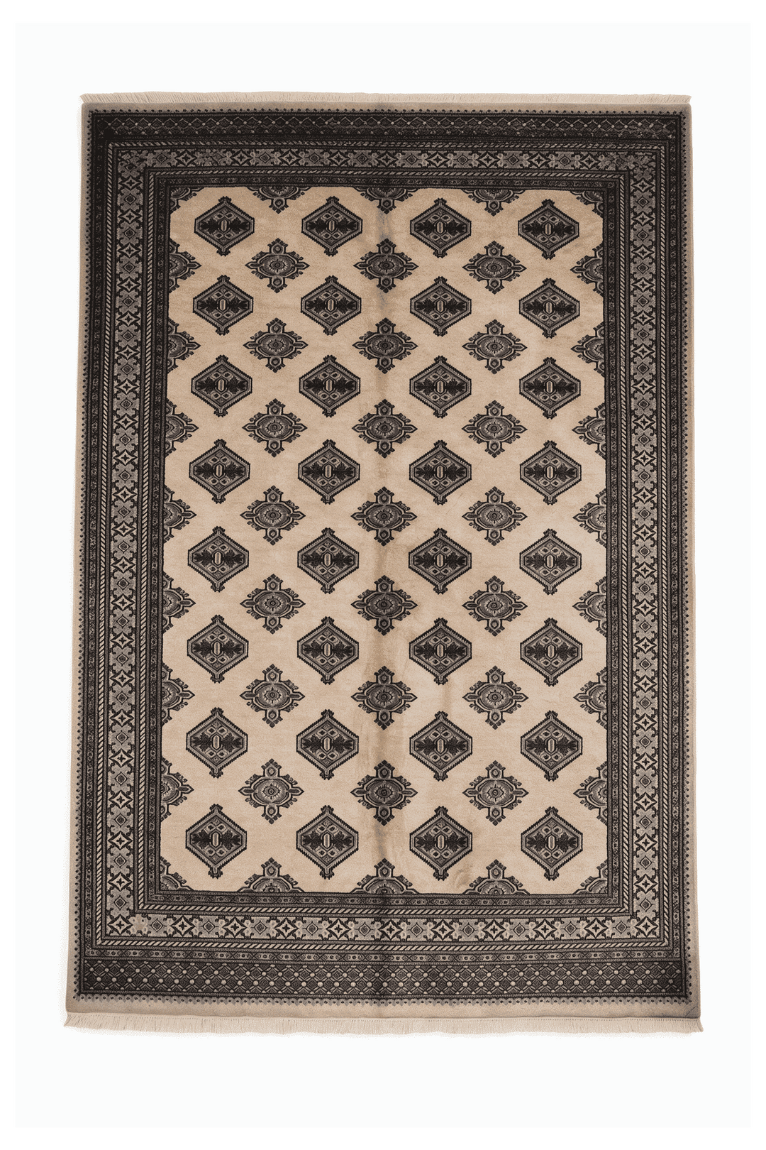 Cream and espresso Turkmen gül Bokhara wool rug, 199×254cm, 3 tatami