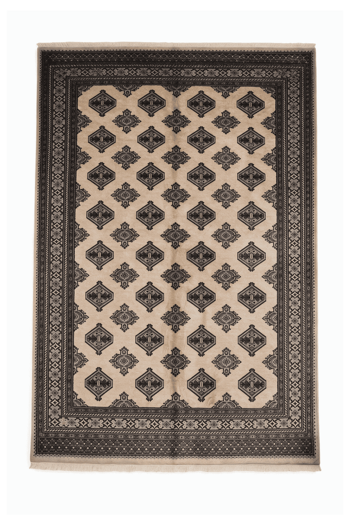 Cream and espresso Turkmen gül Bokhara wool rug, 199×254cm, 3 tatami