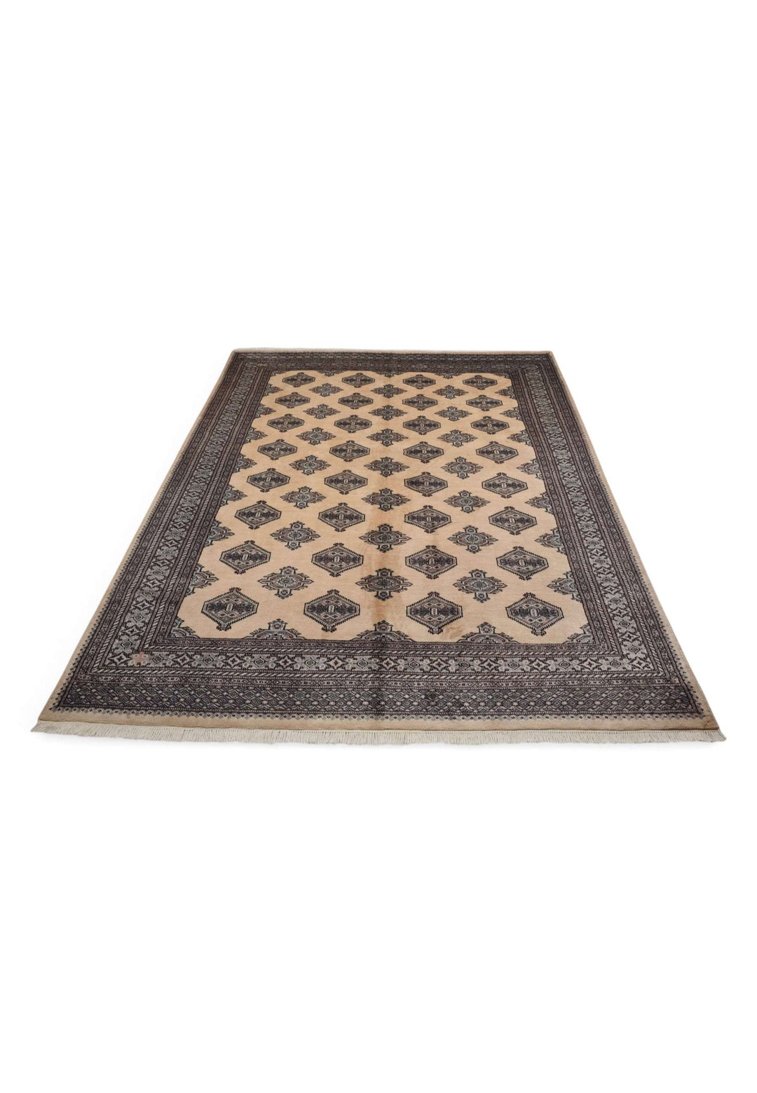 Border detail of cream and espresso hand-knotted Bokhara rug