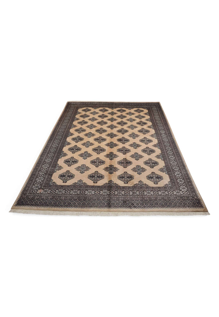 Border detail of cream and espresso hand-knotted Bokhara rug