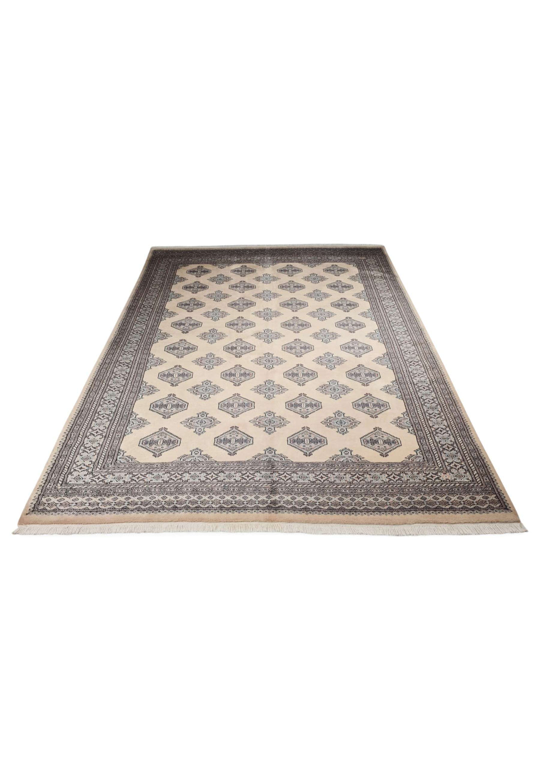 Hand-knotted wool pile of cream espresso Bokhara rug, 199×254cm