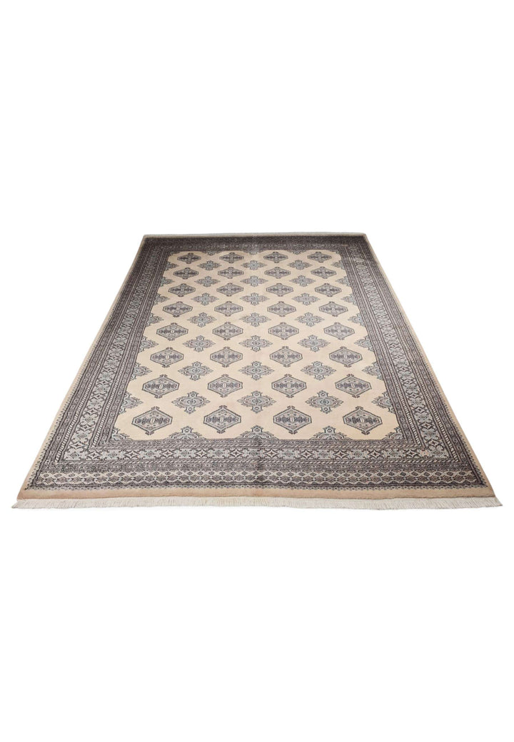 Hand-knotted wool pile of cream espresso Bokhara rug, 199×254cm