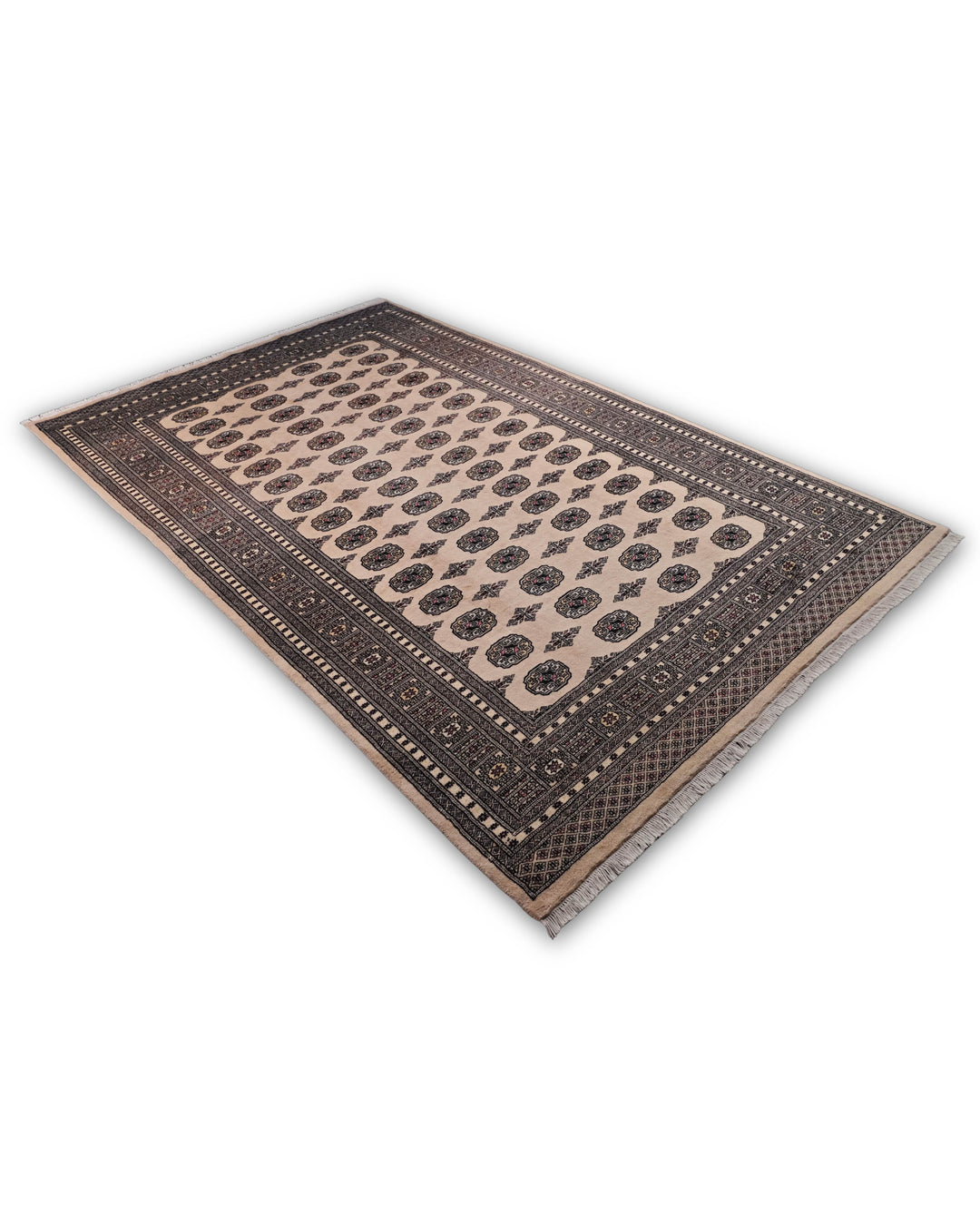 Hand-knotted cream Bokhara rug with repeating Turkmen güls