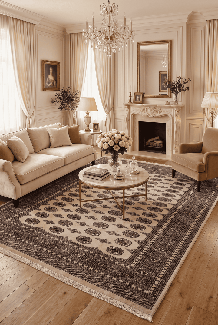 Cream hand-knotted Bokhara wool rug, long living room size