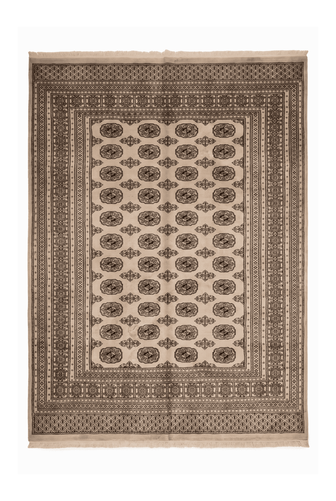 Cream and walnut Turkmen gül Bokhara hand-knotted wool rug, 204×235cm, 3 tatami