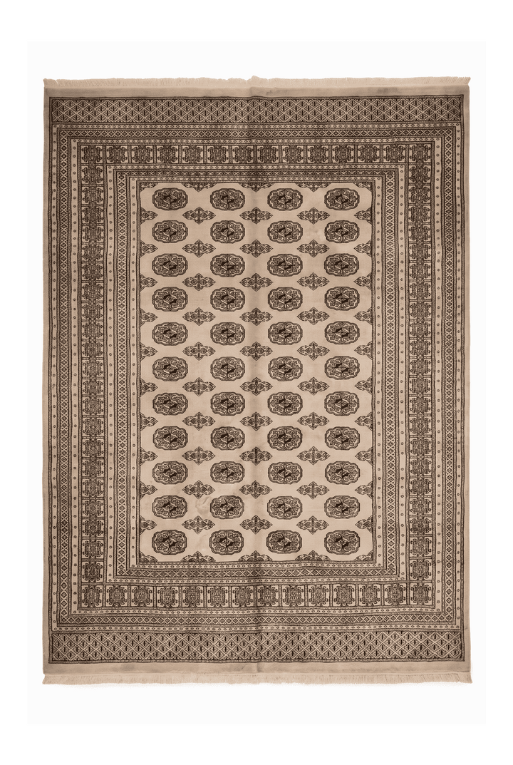 Cream and walnut Turkmen gül Bokhara hand-knotted wool rug, 204×235cm, 3 tatami