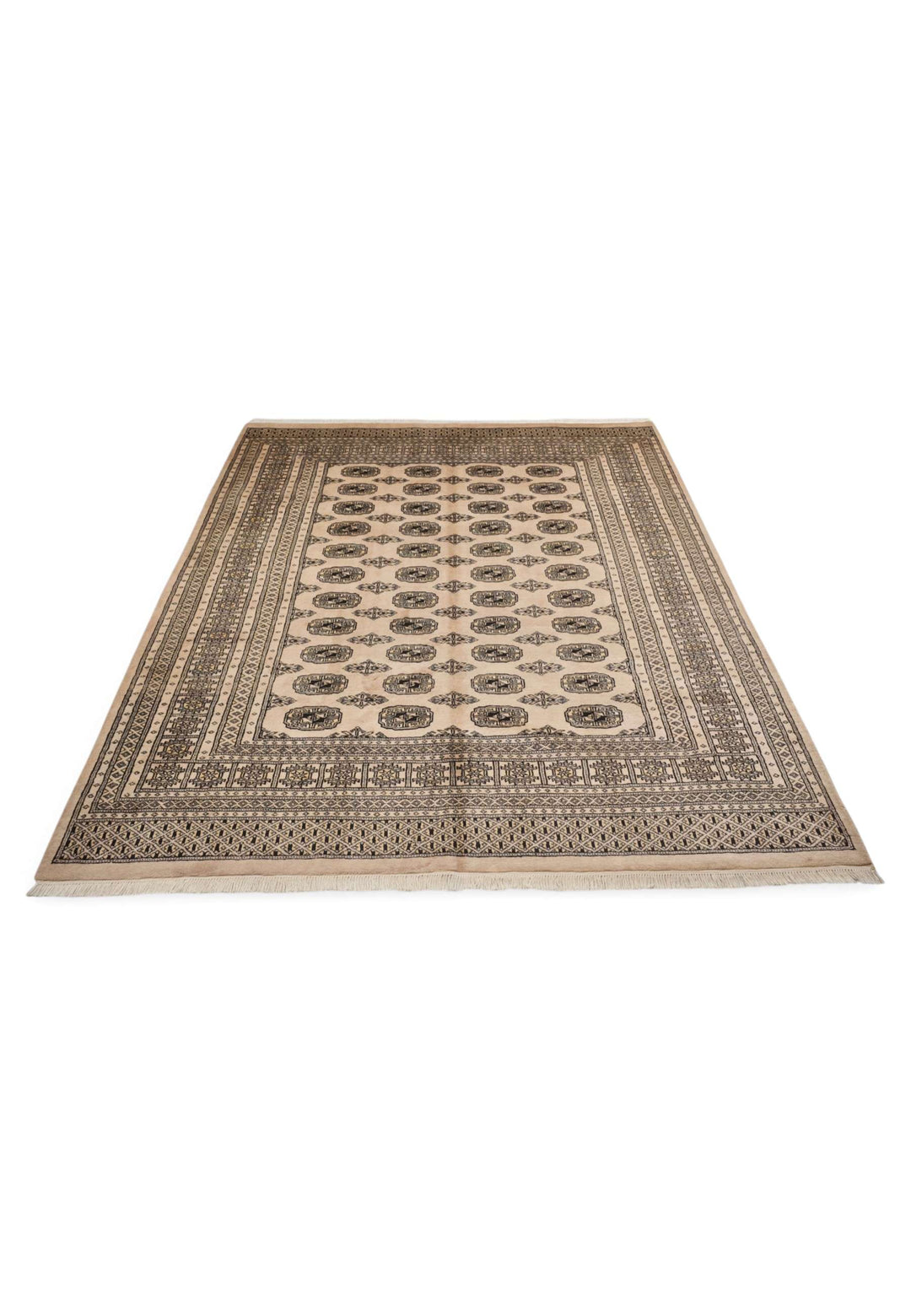Border detail of cream and walnut hand-knotted Bokhara wool rug