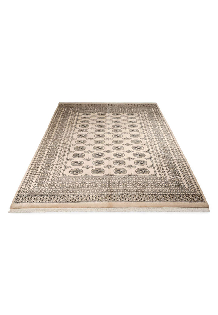 Hand-knotted wool pile of cream walnut Bokhara rug, 204×235cm