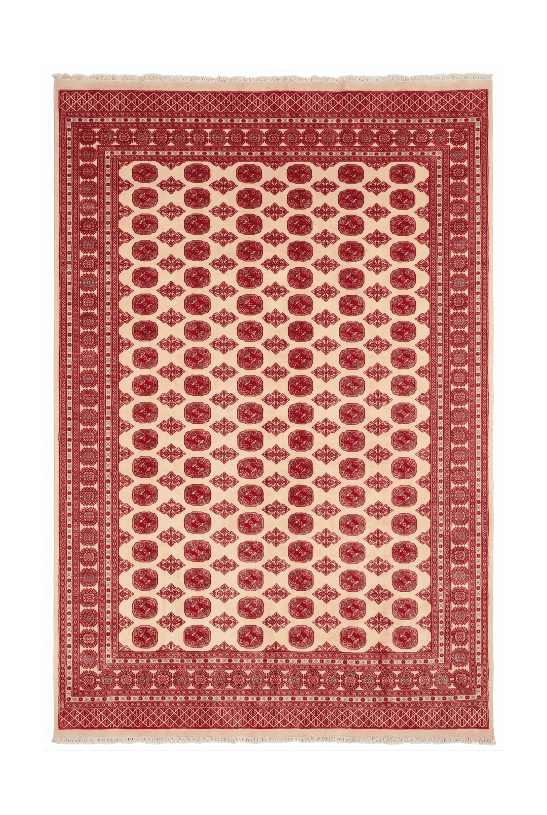 Cream and red Turkmen gül Bokhara rug, 244×298cm, about 4.5 tatami