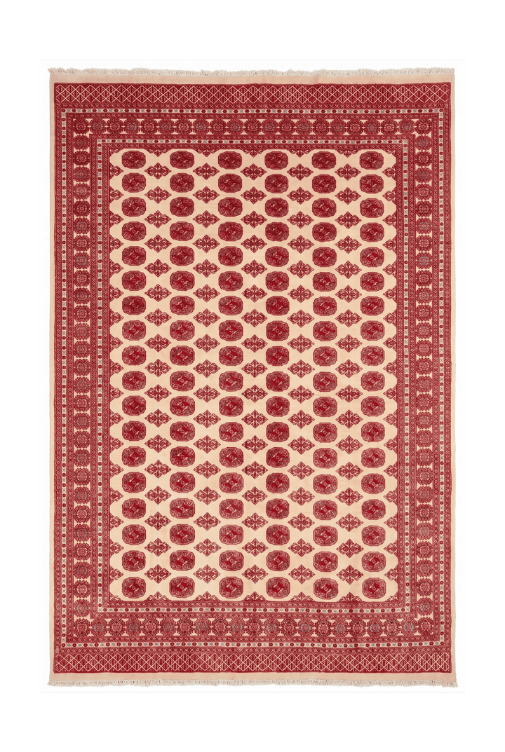 Cream and red Turkmen gül Bokhara rug, 244×298cm, about 4.5 tatami