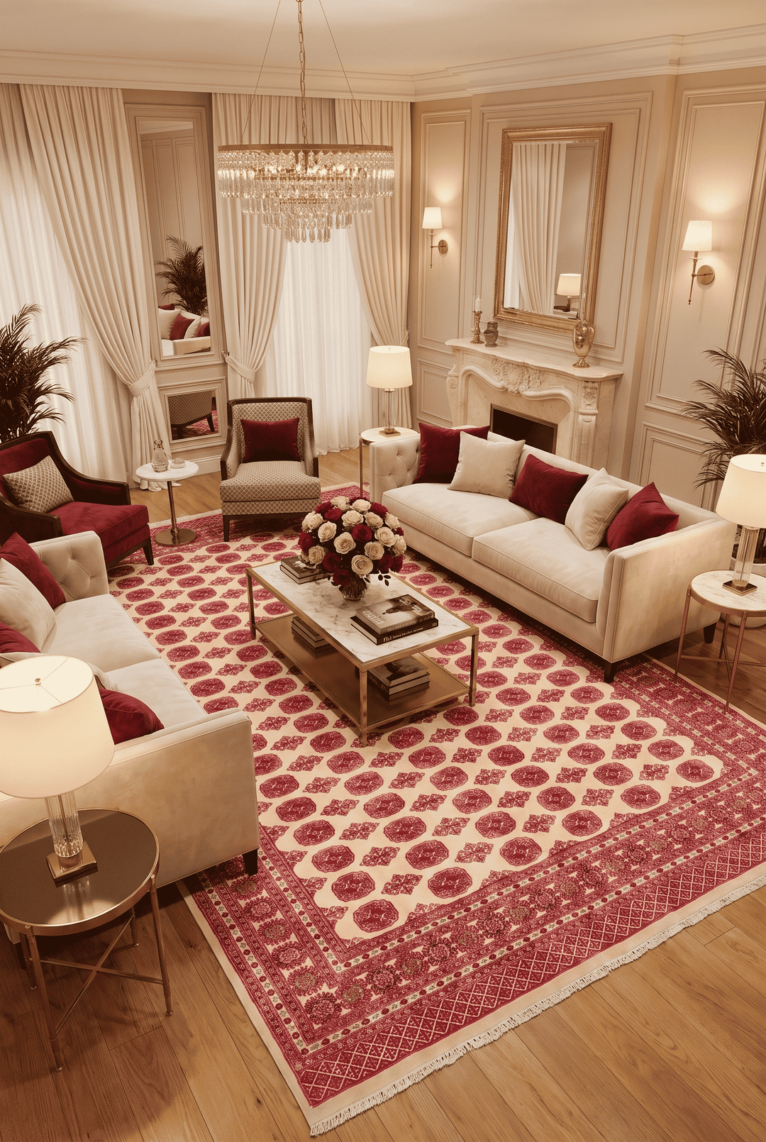 Border detail of cream and red hand-knotted Bokhara rug