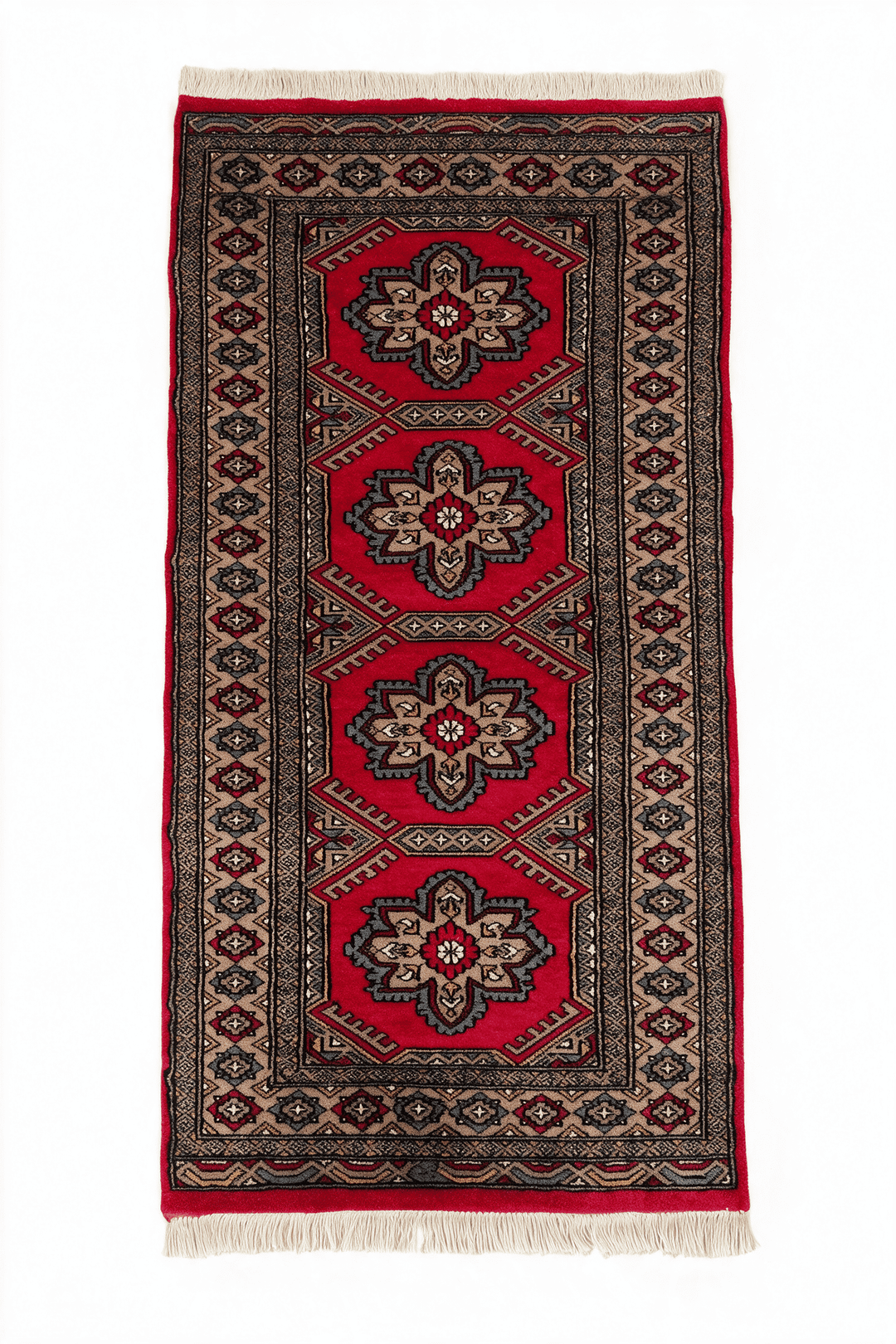 Crimson and taupe rosette medallion hand-knotted wool rug, 61×119cm, entrance mat