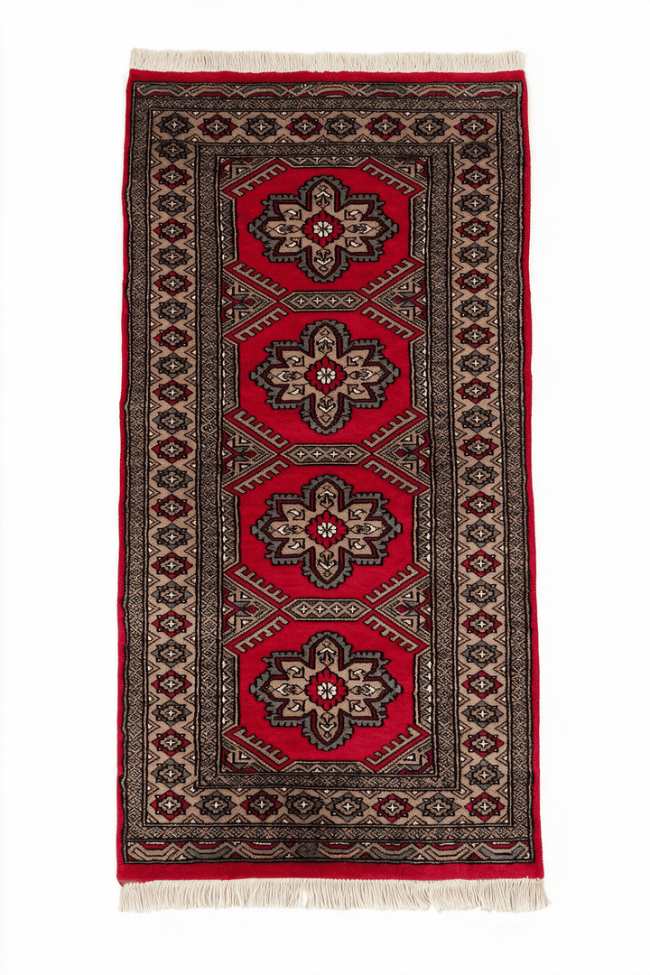 Crimson and taupe rosette medallion hand-knotted wool rug, 61×119cm, entrance mat