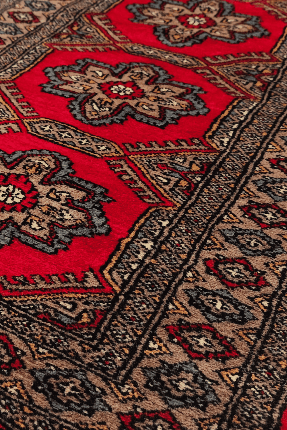 Rosette medallion detail in crimson and taupe on Bokhara rug