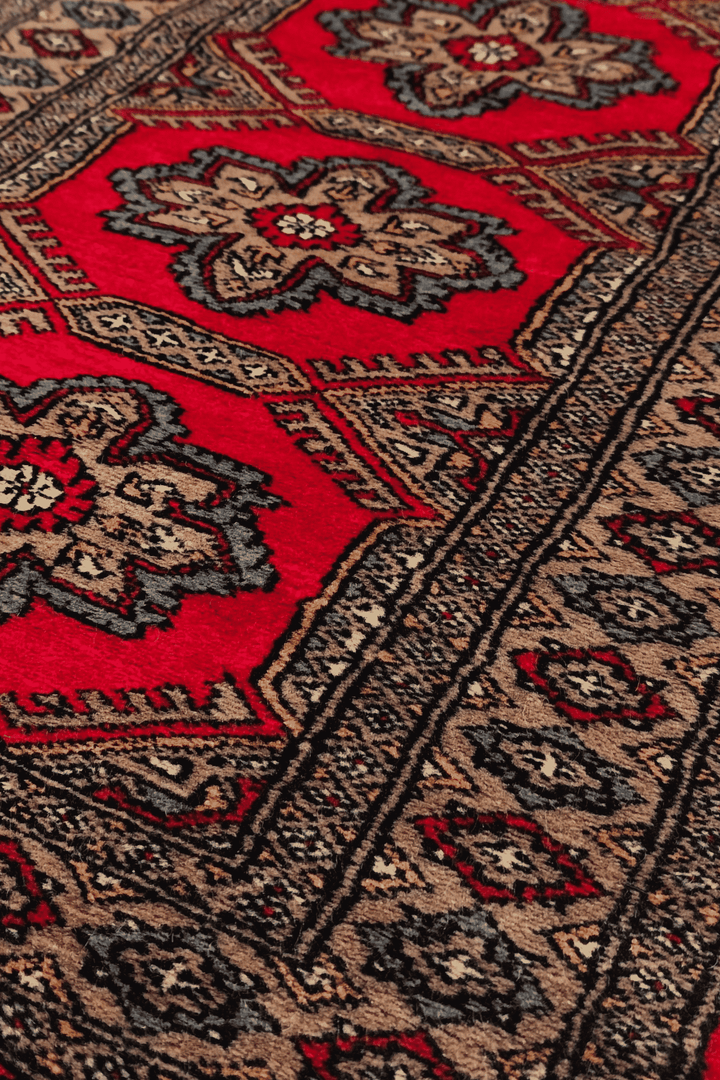 Rosette medallion detail in crimson and taupe on Bokhara rug