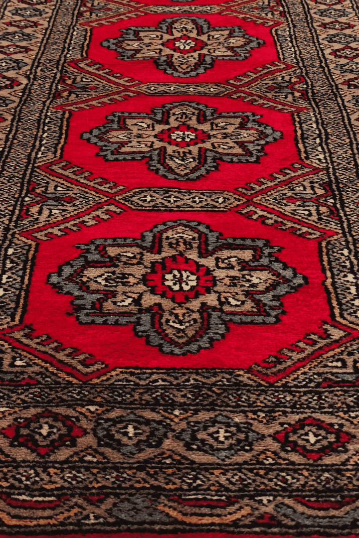 One-of-a-kind crimson rosette medallion entrance mat, hand-knotted