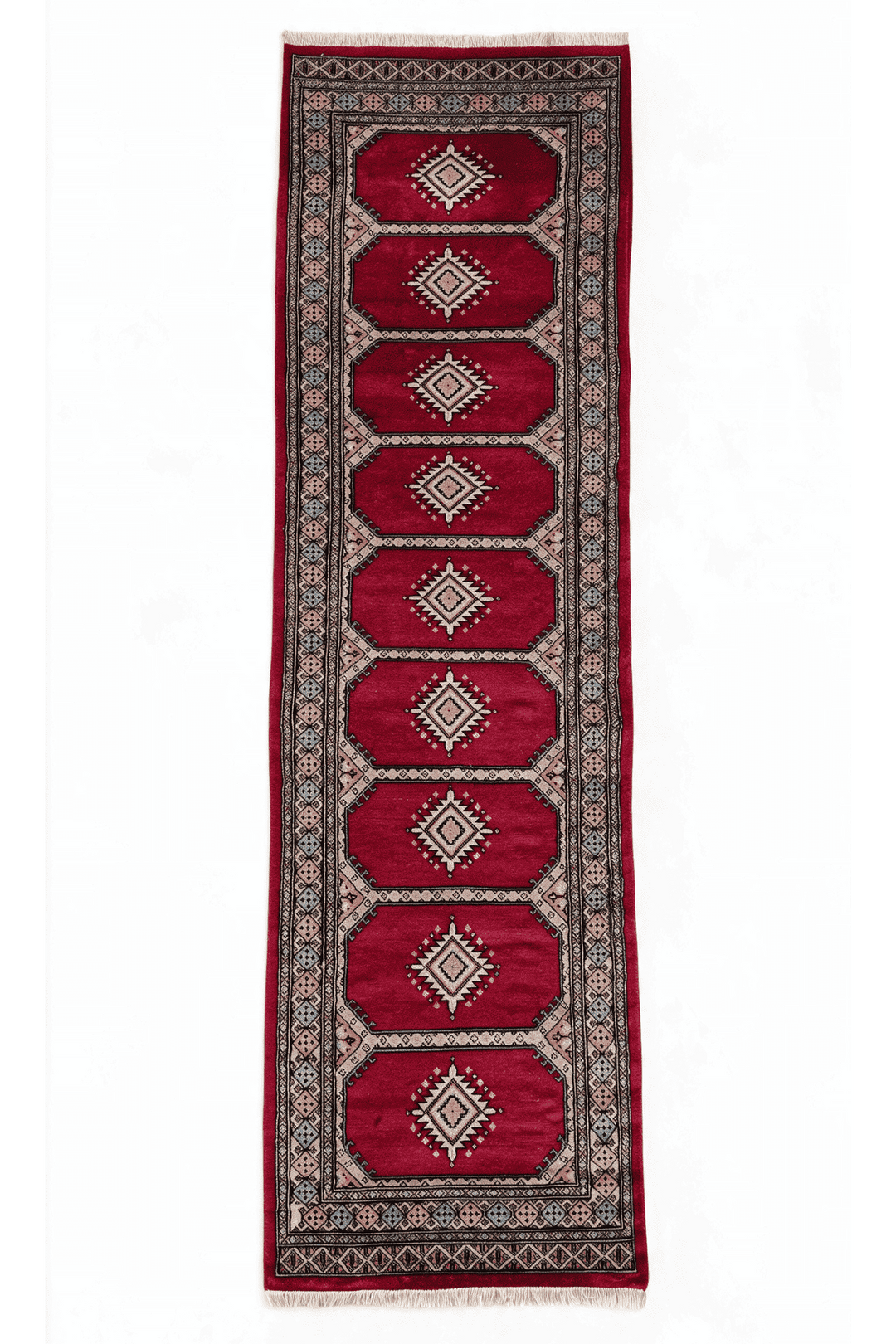 Crimson and salmon compartment panel Bokhara runner, 78×246cm, hand-knotted wool