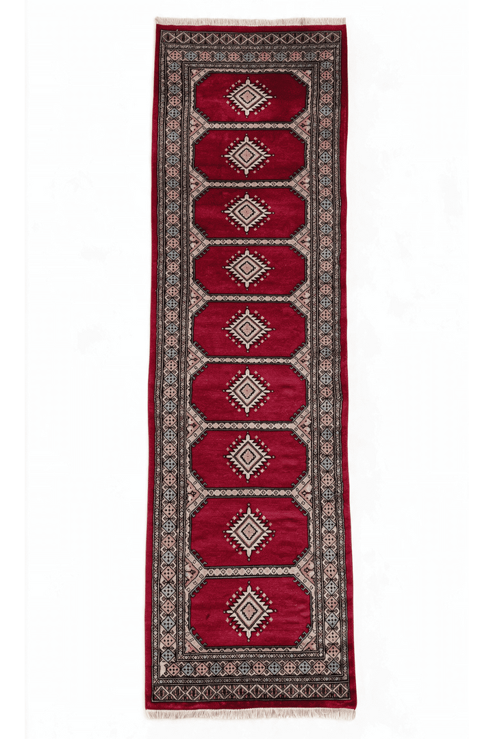 Crimson and salmon compartment panel Bokhara runner, 78×246cm, hand-knotted wool