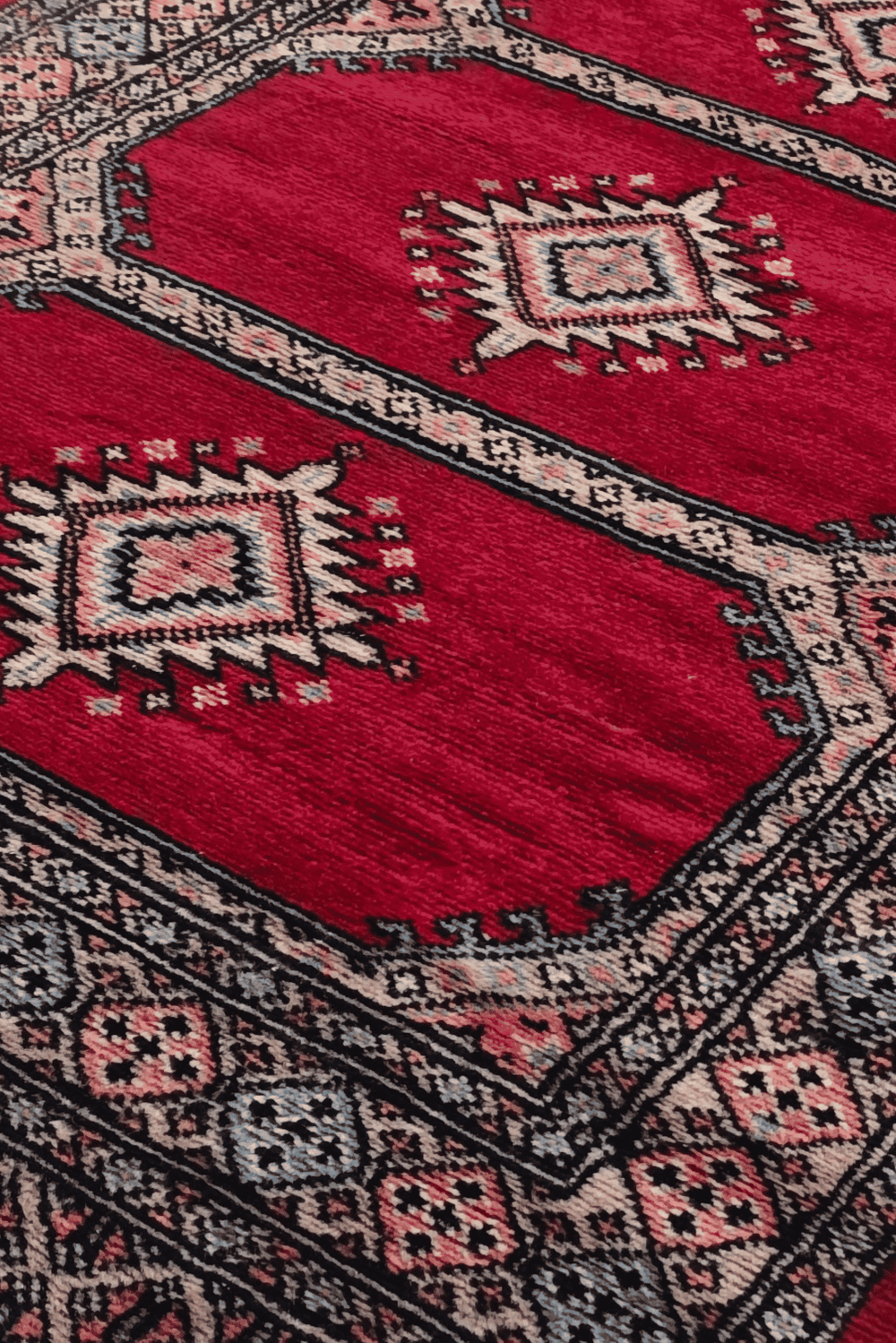 Compartment panel detail in crimson and salmon on Bokhara runner