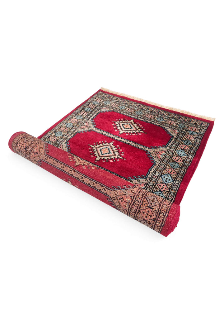 Crimson and salmon panel runner for a hallway, 78×246cm