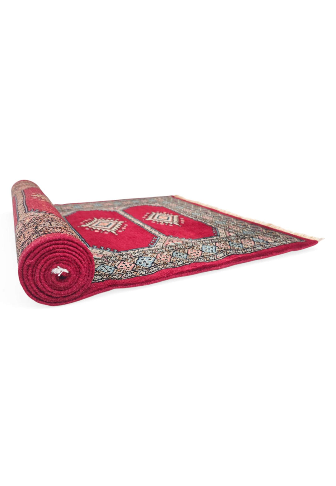 One-of-a-kind crimson and salmon Pakistani Bokhara runner